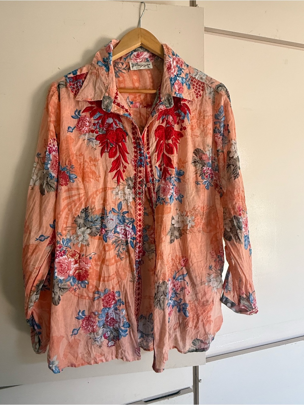 Peach Floral Button-Down Blouse cotton XL